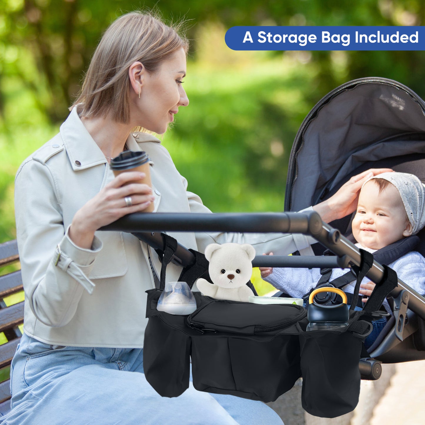 BugyKido Universal Buggy Board with Seat, Kiddy Board with Pram Organiser Bag, Pram Standing Board Compatible with Over 99% of Pushchairs, for Children from 2-6 Years, Load 25 KG(Black)