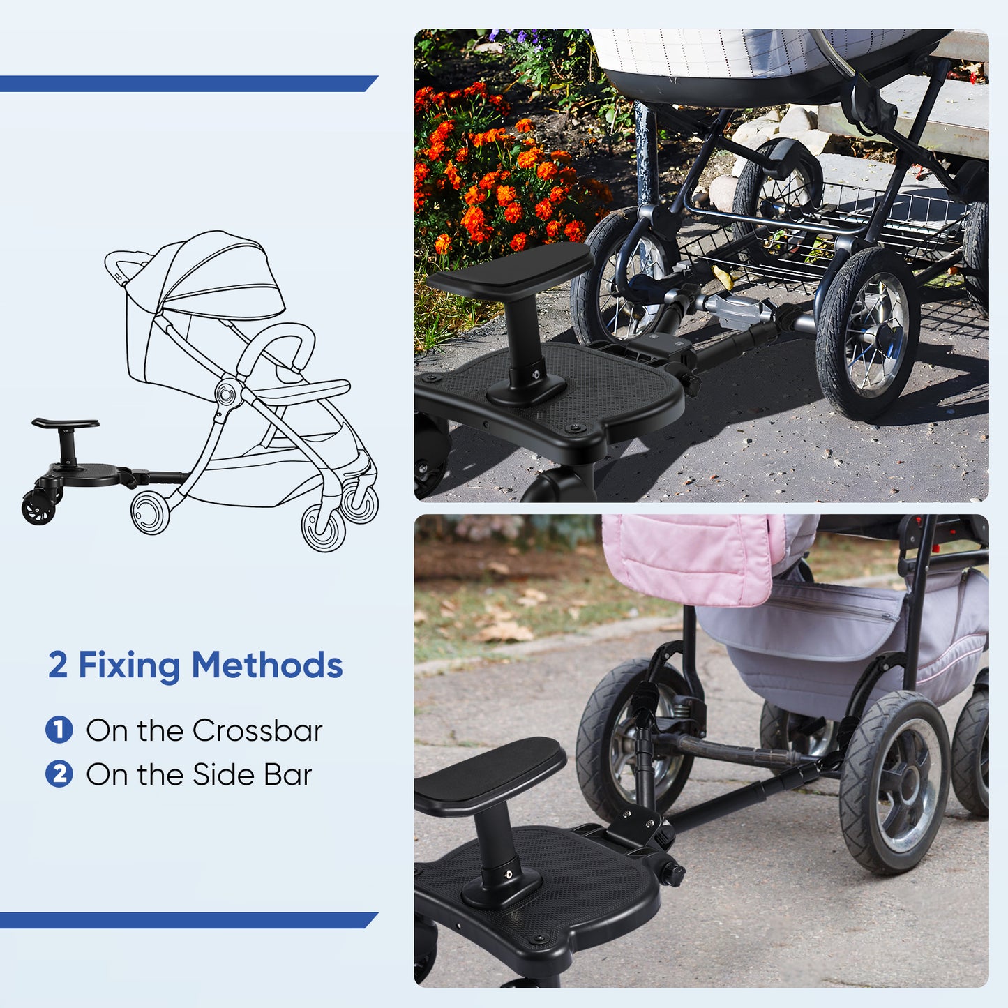 BugyKido Universal Buggy Board with Seat, Kiddy Board with Pram Organiser Bag, Pram Standing Board Compatible with Over 99% of Pushchairs, for Children from 2-6 Years, Load 25 KG(Black)