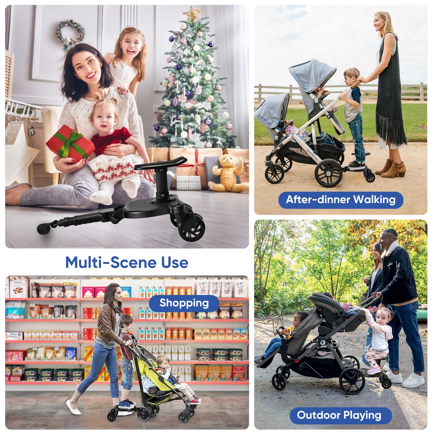 BugyKido Universal Buggy Board with Seat, Kiddy Board with Pram Organiser Bag, Pram Standing Board Compatible with Over 99% of Pushchairs, for Children from 2-6 Years, Load 25 KG(Black)