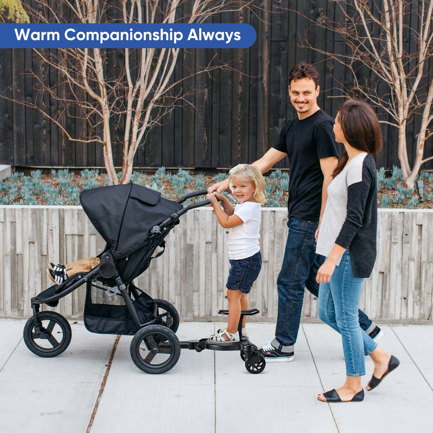 BugyKido Universal Buggy Board with Seat, Kiddy Board with Pram Organiser Bag, Pram Standing Board Compatible with Over 99% of Pushchairs, for Children from 2-6 Years, Load 25 KG(Black)