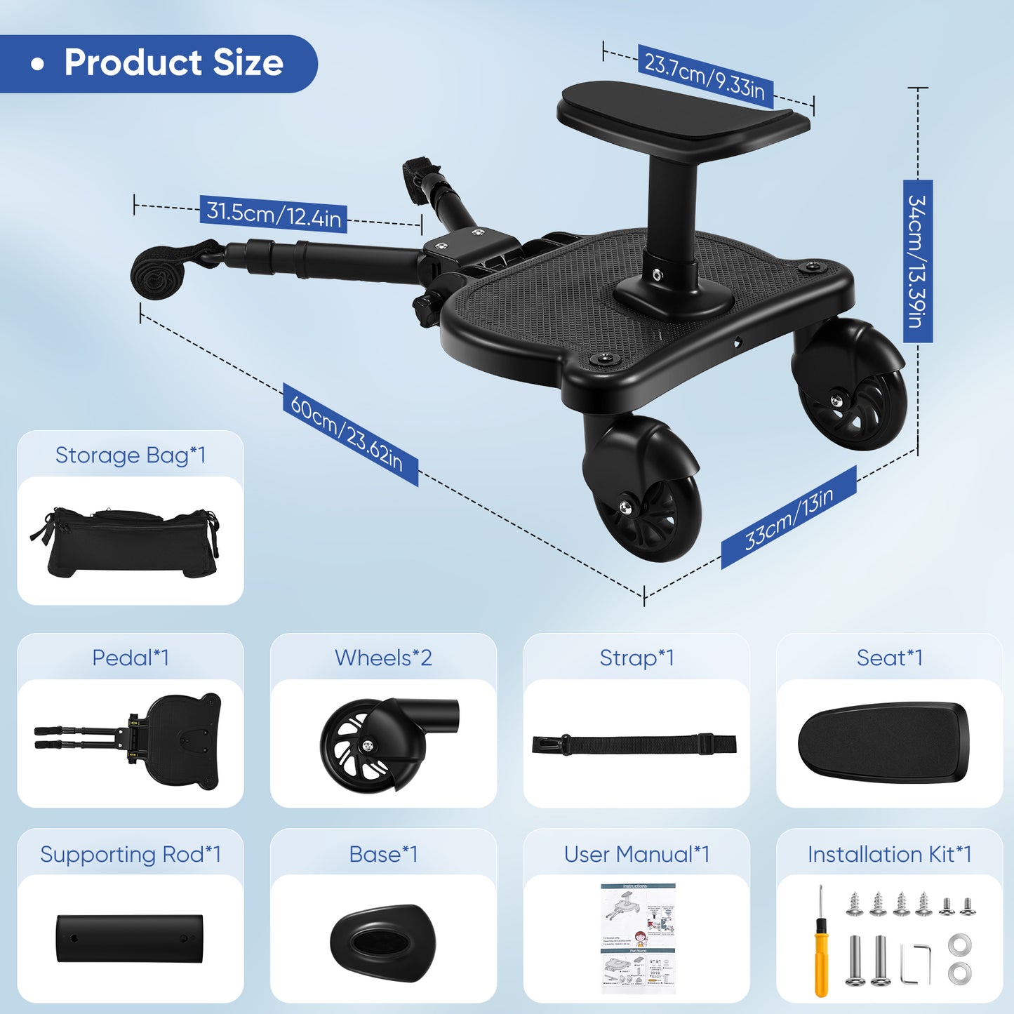 BugyKido Universal Buggy Board with Seat, Kiddy Board with Pram Organiser Bag, Pram Standing Board Compatible with Over 99% of Pushchairs, for Children from 2-6 Years, Load 25 KG(Black)