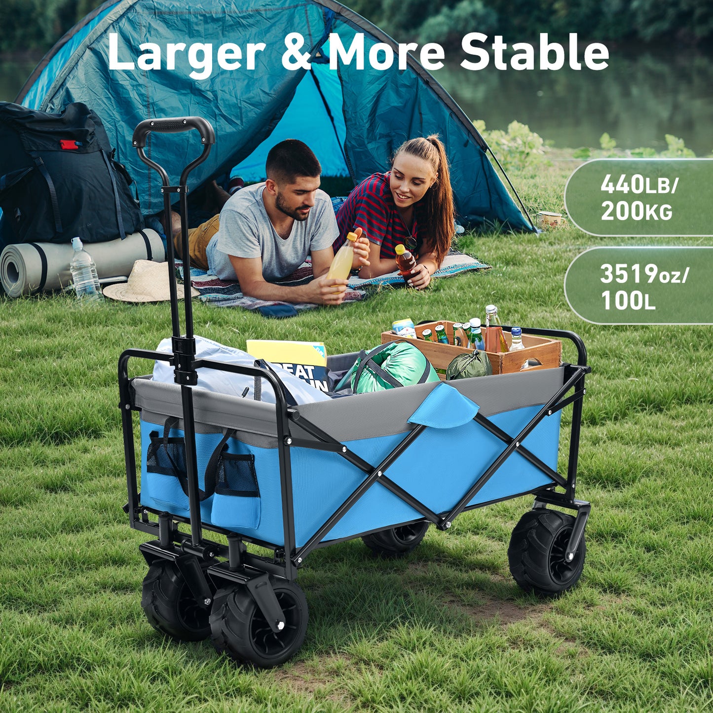 BugyKido Festival Trolley on Wheels, 440LBS/200KG Beach Trolley Foldable, Large Capacity Camping Cart with Adjustable Handle, for Shopping/Outdoor Garden/Picnic/Shopping/Fishing