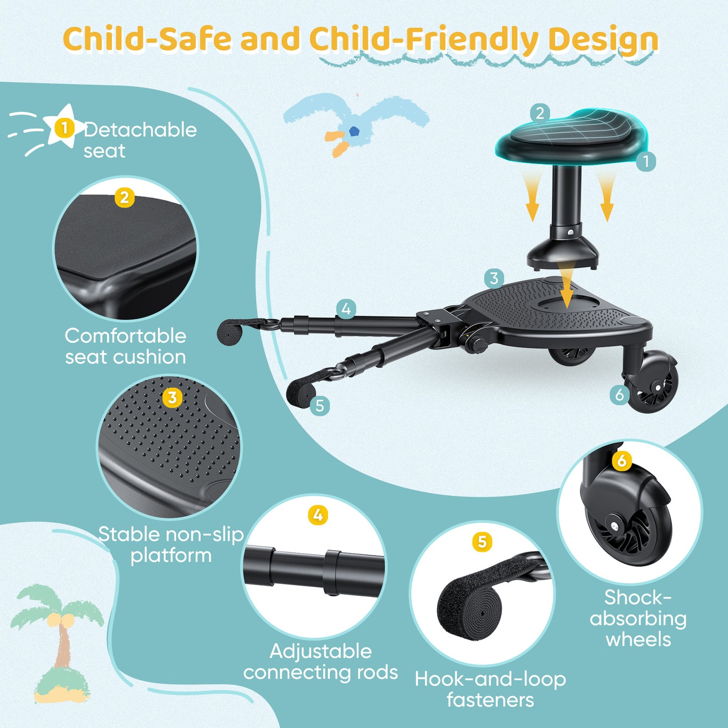 BugyKido Buggy Board with Wider Seat, Universal Buggy Board for Toddlers from 2-6 Years, Kiddy Board Compatible with Over 99% of Prams, Load Capacity 25 kg