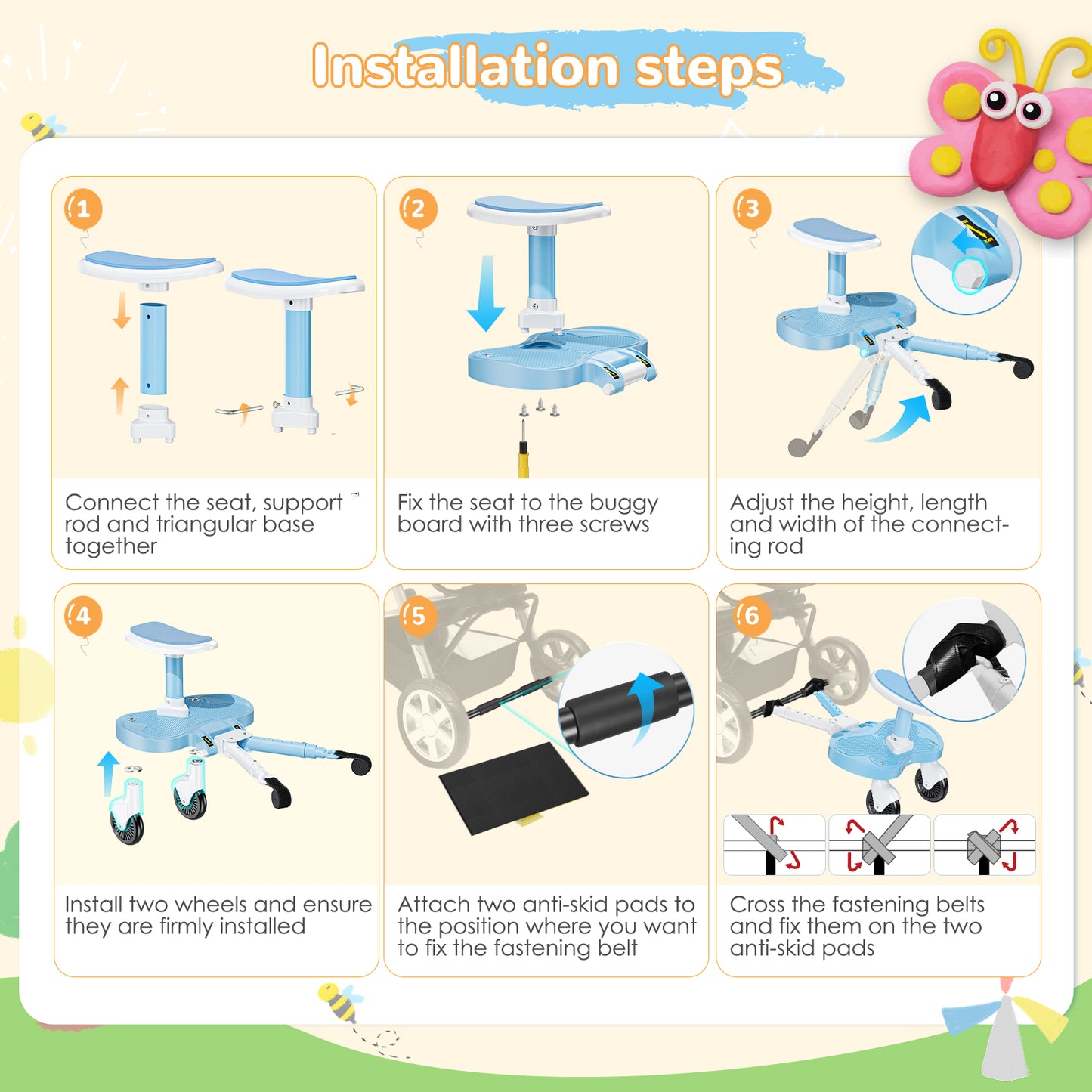 BugyKido Universal Buggy Board with Larger Seat, 2-in-1 Kiddy Board for Children from 2-6 Years (25KG), Fits 99% of Strollers, Easy Installation, Safe & Durable, for Families with Two Kids (Blue)