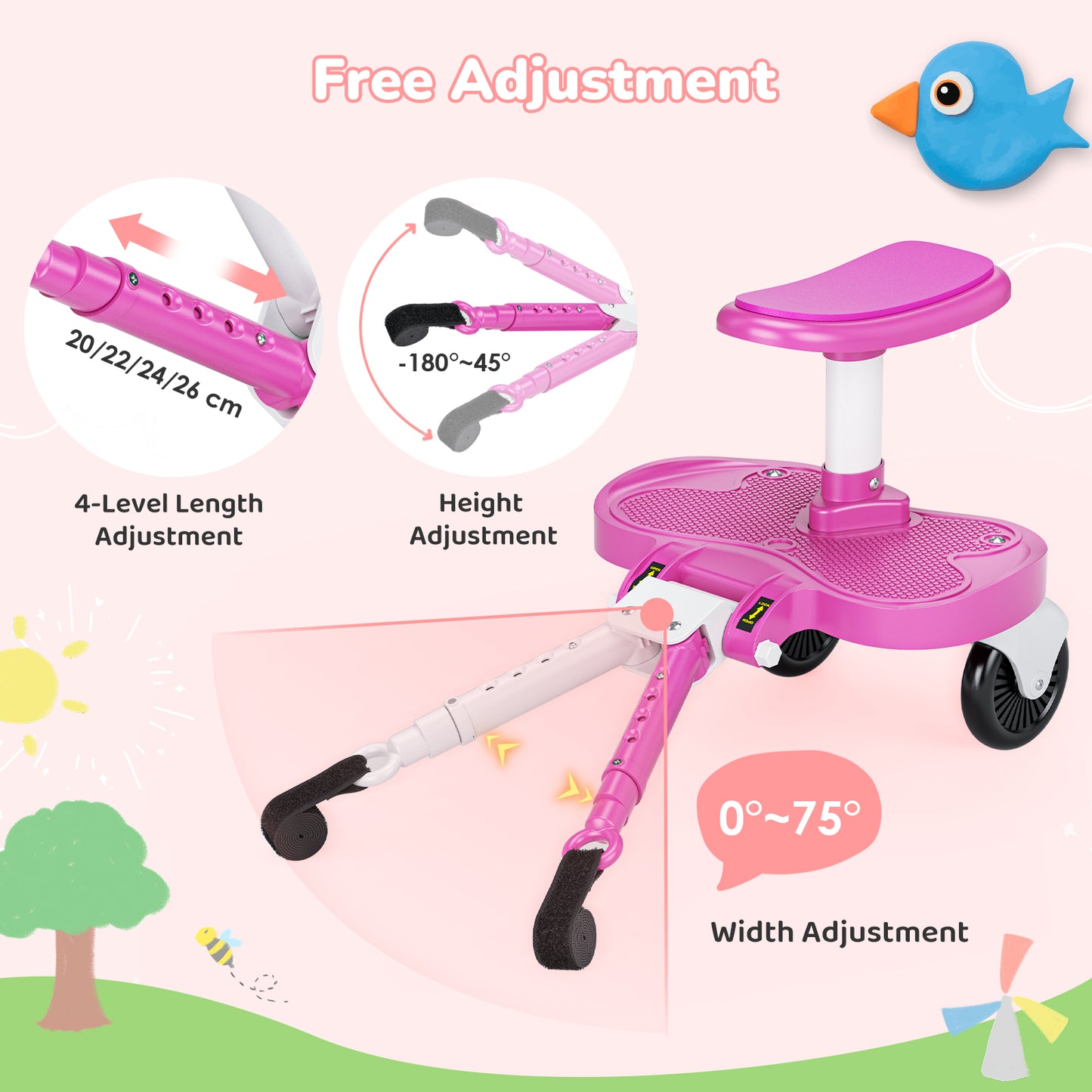 BugyKido Universal Buggy Board Pink, Buggy Board with Larger Seat, 2-in-1 Kiddy Board for Children from 2-6 Years (25KG), Fits 99% of Strollers, Easy Installation, for Families with Two Kids