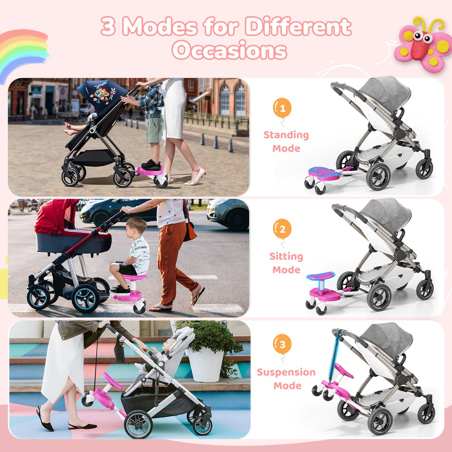 BugyKido Universal Buggy Board Pink, Buggy Board with Larger Seat, 2-in-1 Kiddy Board for Children from 2-6 Years (25KG), Fits 99% of Strollers, Easy Installation, for Families with Two Kids