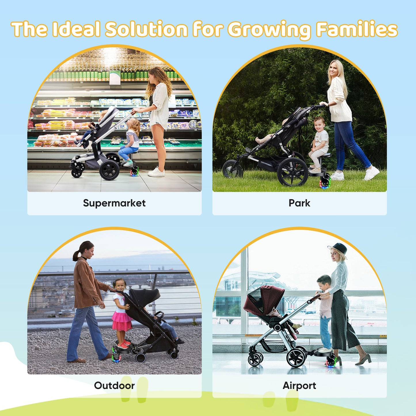 BugyKido Universal Buggy Board with LED Wheels, 2-in-1 Kiddy Board for Children from 2-6 Years (25KG), Fits 99% of Strollers, for Families with Two Kids