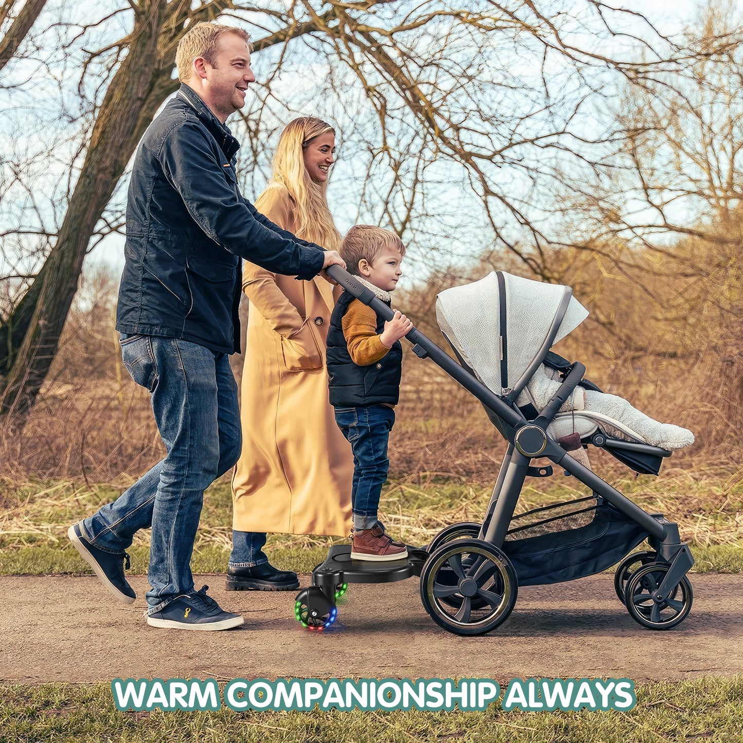 BugyKido Universal Buggy Board, Kiddy Board with LED Flashing Wheels, Buggy Board with Patterned Seat, Compatible with Over 99% of Pushchairs, Pram Standing Board for Children from 2-6 Years(25KG)