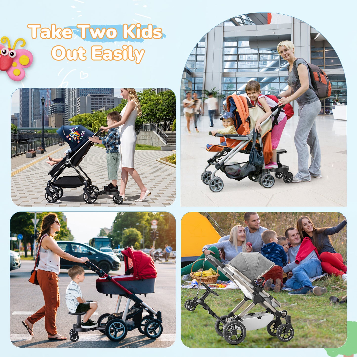 BugyKido Universal Buggy Board with Larger Seat, 2-in-1 Kiddy Board for Children from 2-6 Years (25KG), Fits 99% of Strollers, Easy Installation, Safe & Durable, for Families with Two Kids (Black)
