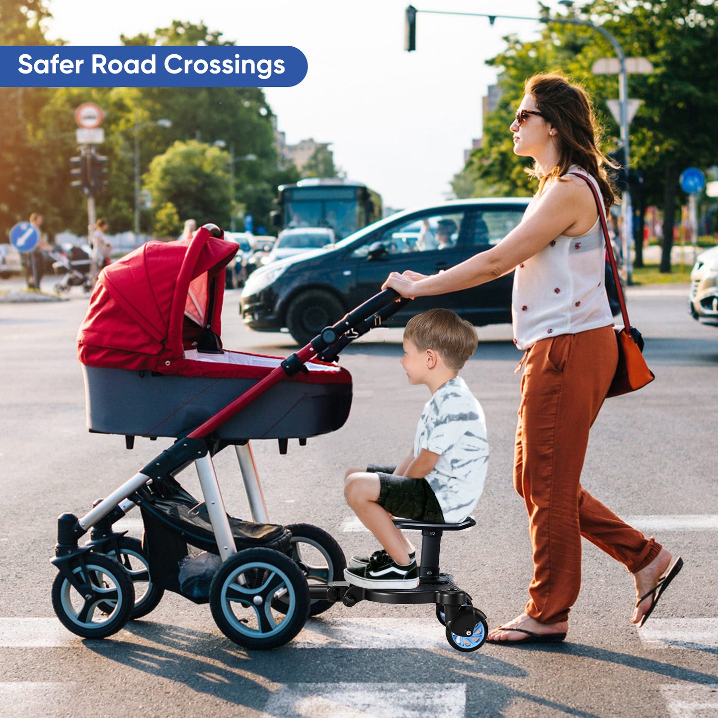 BugyKido Buggy Board with Seat, Universal Pram Standing Board for Children, Pram Accessory from 2-6 Years (25 kg), for Over 99% of Baby Carriages (Blue Wheels)