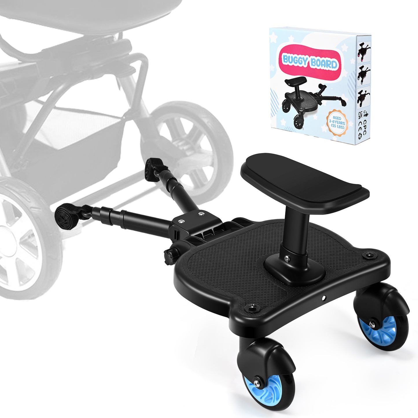 BugyKido Buggy Board with Seat, Universal Pram Standing Board for Children, Pram Accessory from 2-6 Years (25 kg), for Over 99% of Baby Carriages (Blue Wheels)