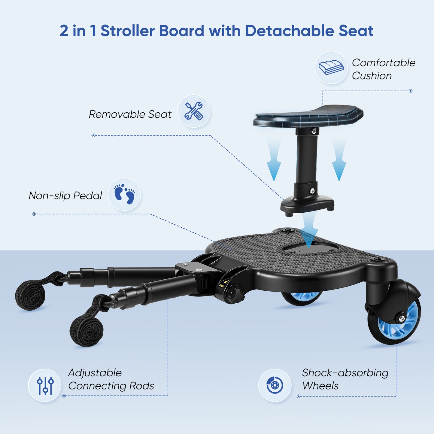 BugyKido Buggy Board with Seat, Universal Pram Standing Board for Children, Pram Accessory from 2-6 Years (25 kg), for Over 99% of Baby Carriages (Blue Wheels)