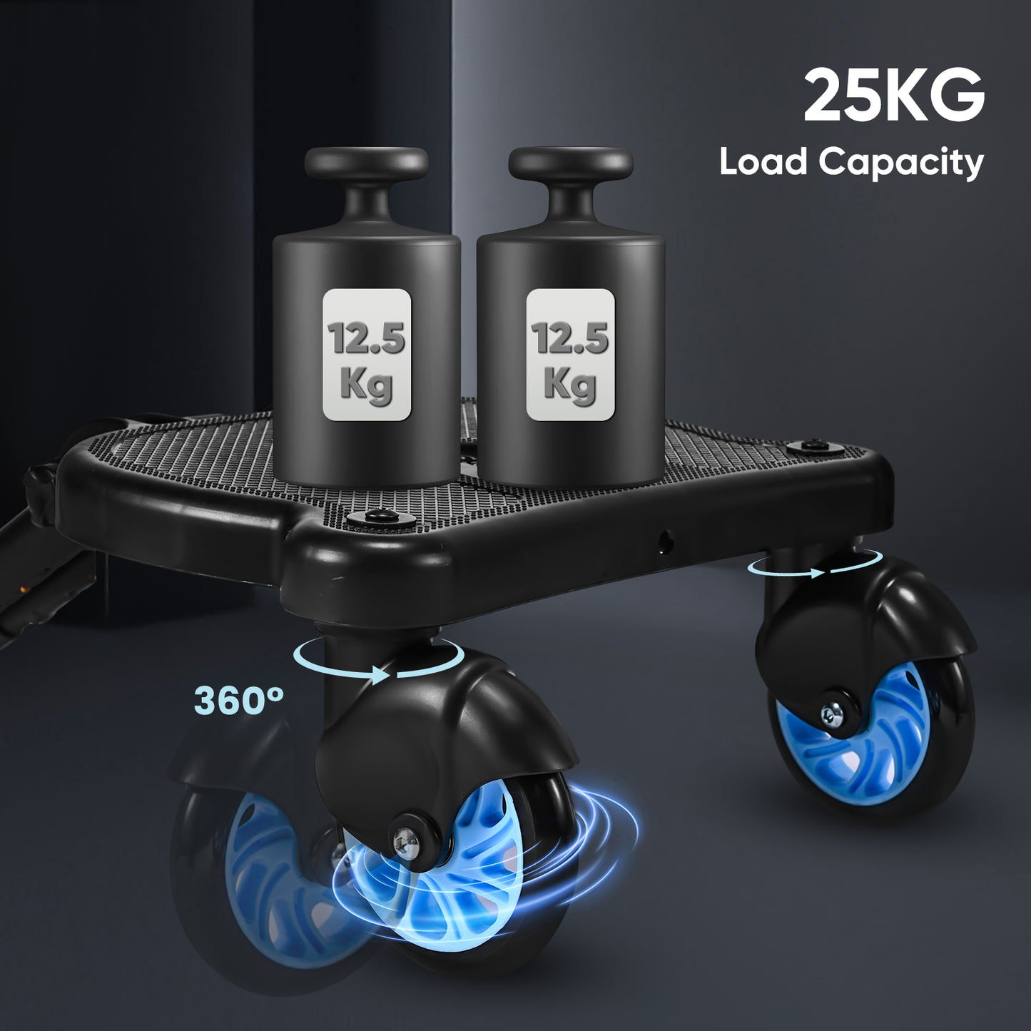 BugyKido Buggy Board with Seat, Universal Pram Standing Board for Children, Pram Accessory from 2-6 Years (25 kg), for Over 99% of Baby Carriages (Blue Wheels)