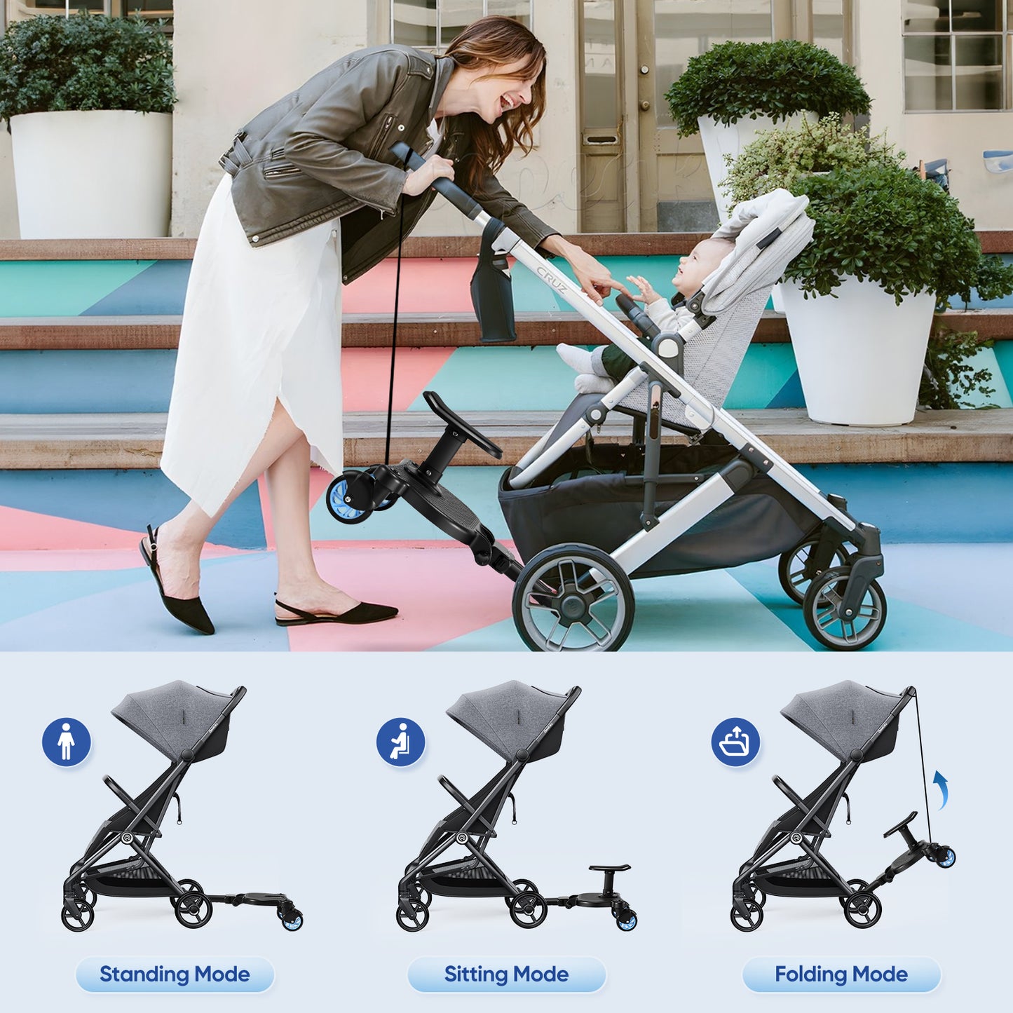BugyKido Buggy Board with Seat, Universal Pram Standing Board for Children, Pram Accessory from 2-6 Years (25 kg), for Over 99% of Baby Carriages (Blue Wheels)