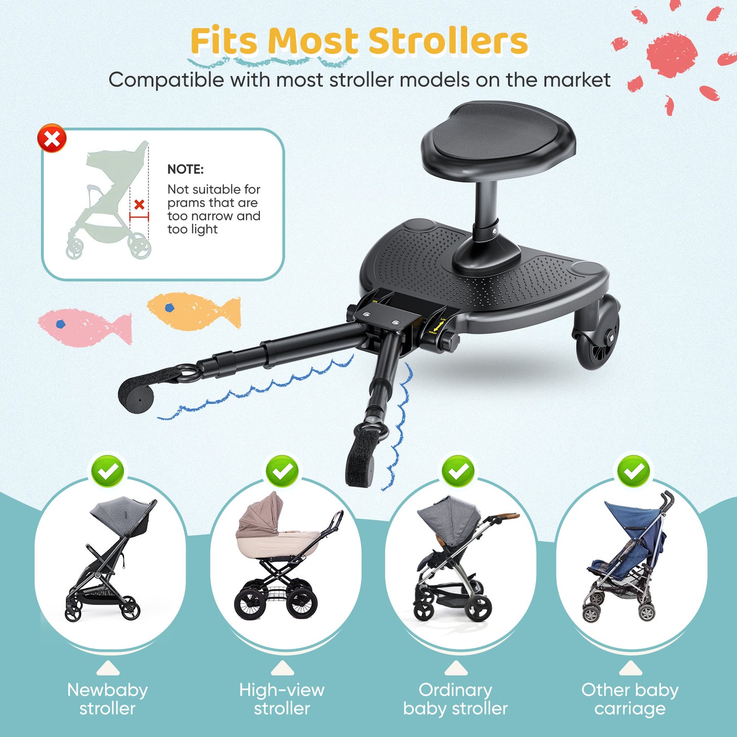 BugyKido Buggy Board with Wider Seat, Universal Buggy Board for Toddlers from 2-6 Years, Kiddy Board Compatible with Over 99% of Prams, Load Capacity 25 kg