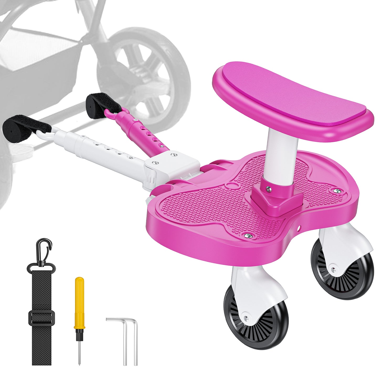 BugyKido Universal Buggy Board Pink, Buggy Board with Larger Seat, 2-in-1 Kiddy Board for Children from 2-6 Years (25KG), Fits 99% of Strollers, Easy Installation, for Families with Two Kids