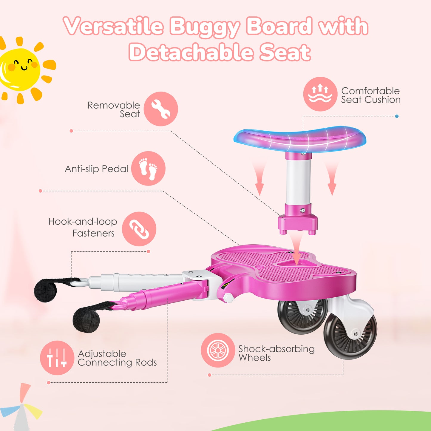 BugyKido Universal Buggy Board Pink, Buggy Board with Larger Seat, 2-in-1 Kiddy Board for Children from 2-6 Years (25KG), Fits 99% of Strollers, Easy Installation, for Families with Two Kids