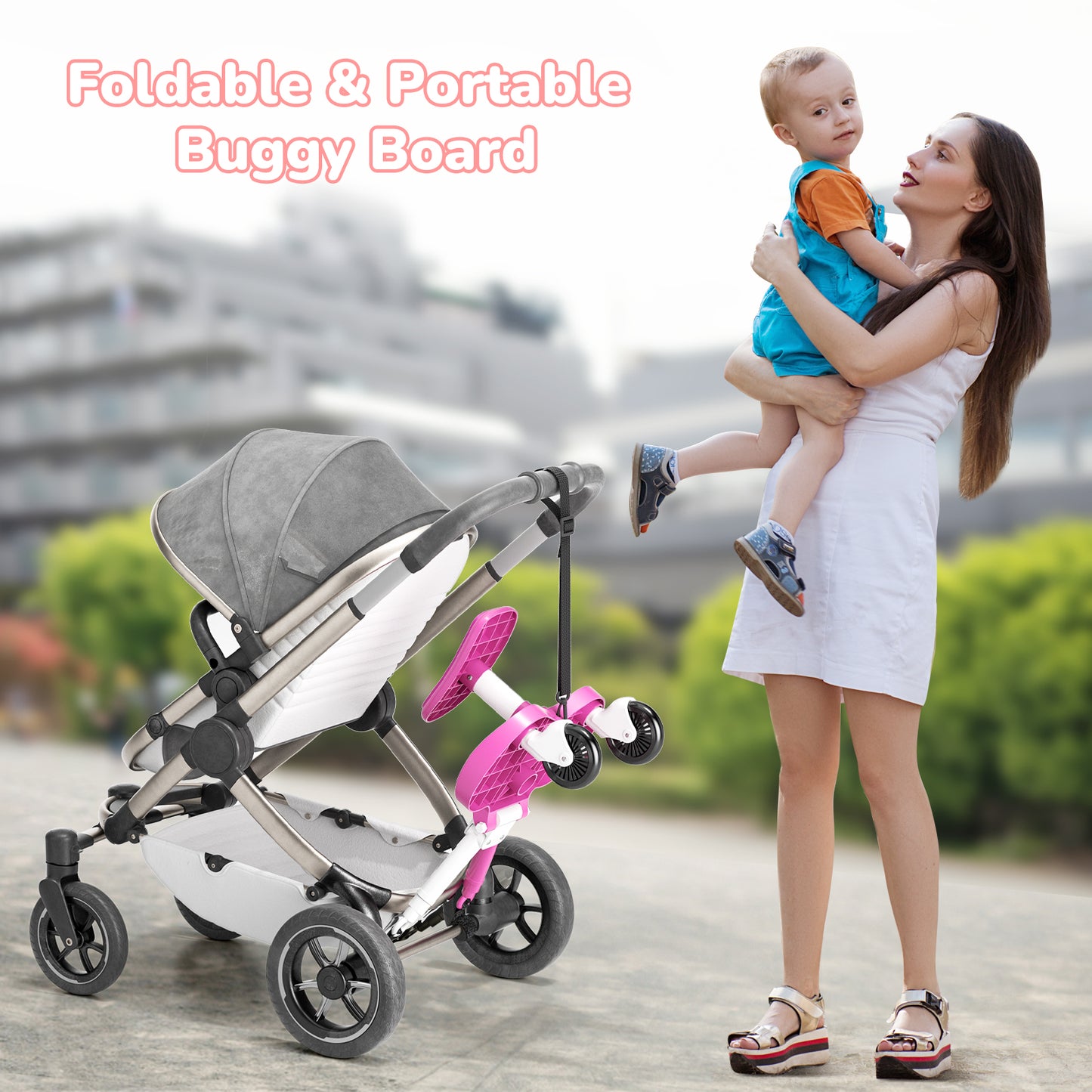 BugyKido Universal Buggy Board Pink, Buggy Board with Larger Seat, 2-in-1 Kiddy Board for Children from 2-6 Years (25KG), Fits 99% of Strollers, Easy Installation, for Families with Two Kids