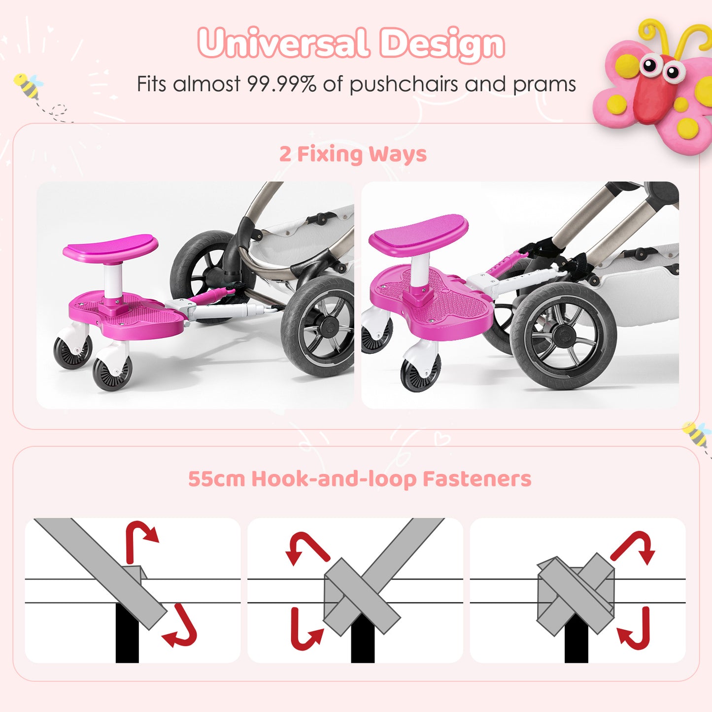 BugyKido Universal Buggy Board Pink, Buggy Board with Larger Seat, 2-in-1 Kiddy Board for Children from 2-6 Years (25KG), Fits 99% of Strollers, Easy Installation, for Families with Two Kids